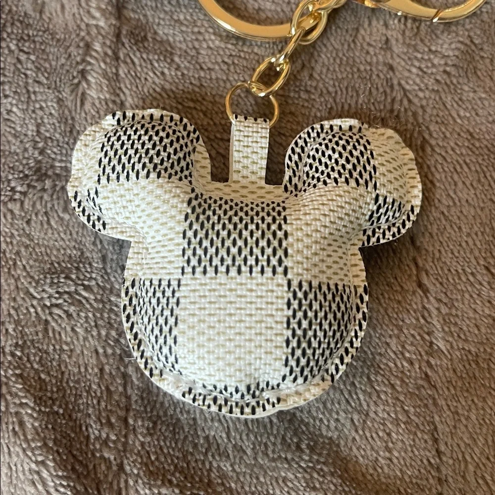 Minnie Mouse Checkered Cream with Gold luxury Keychain purse bag charm NWT
